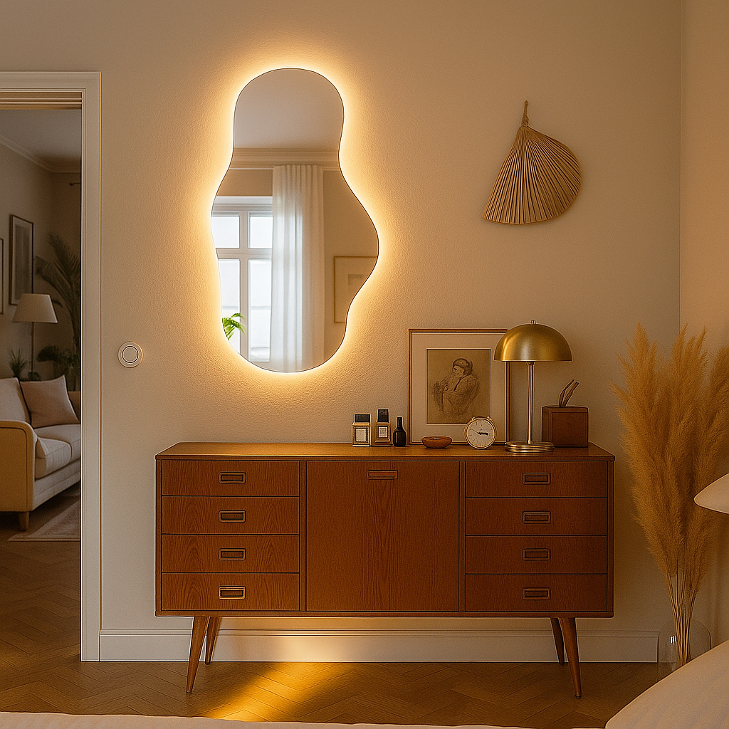 Nadčasový design LED zrcadla v obývacím pokoji LED zrcadlo se skvěle hodí také jako doplněk do obýváku.