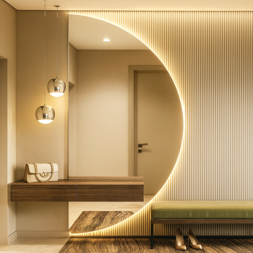 Stylová předsíň s LED zrcadlem jako designovým prvkem Moderní předsíň ve světlých tónech s dominantním LED zrcadlem a elegantním nábytkem.
