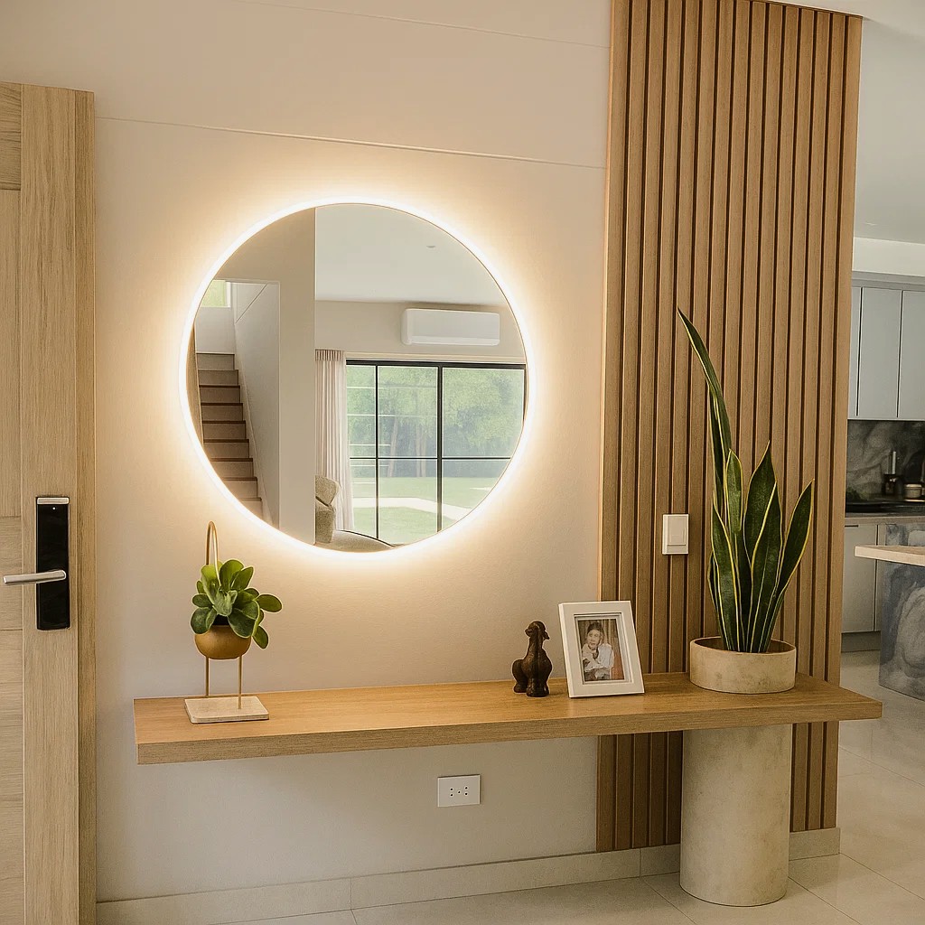Minimalistická předsíň s LED zrcadlem a světlým interiérem Světlá minimalistická předsíň s kulatým LED zrcadlem a decentními doplňky