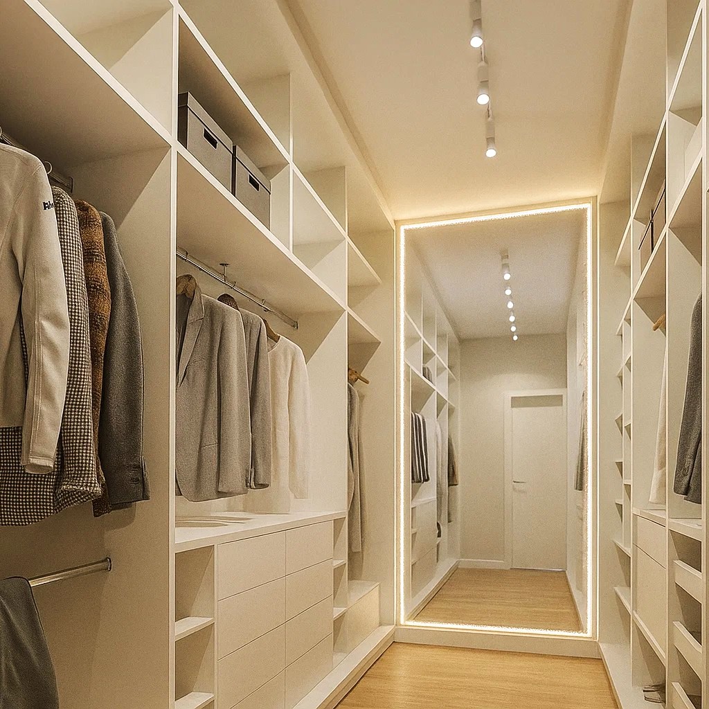 Moderní minimalistická šatna s LED zrcadlem na míru Minimalistická šatna světlých tónech s LED zrcadlem jako skvělým pomocníkem při výběru outfitu.