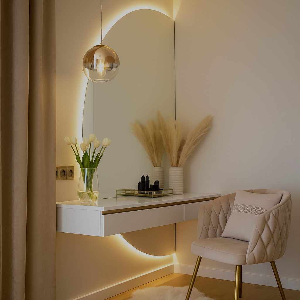 Stylový toaletní koutek s LED zrcadlem Designový toaletní stolek s podsvíceným LED zrcadlem v jemně laděném interiéru.
