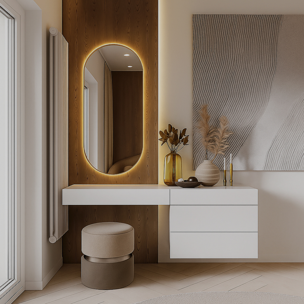 Moderní toaletní stolek s LED zrcadlem Beauty toaletní stolek s oblým LED zrcadlem v moderním interiéru.